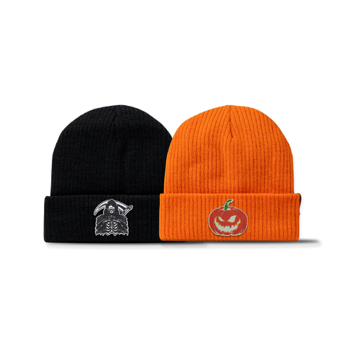 Jack-O-Lantern + Grim Reaper Glow Essential Beanie Bundle Blaze Orange + Black