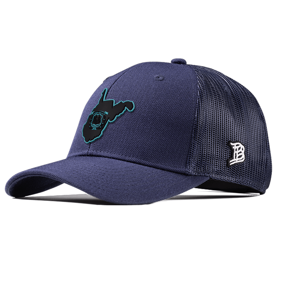 West Virginia Turquoise Curved Trucker Front Navy