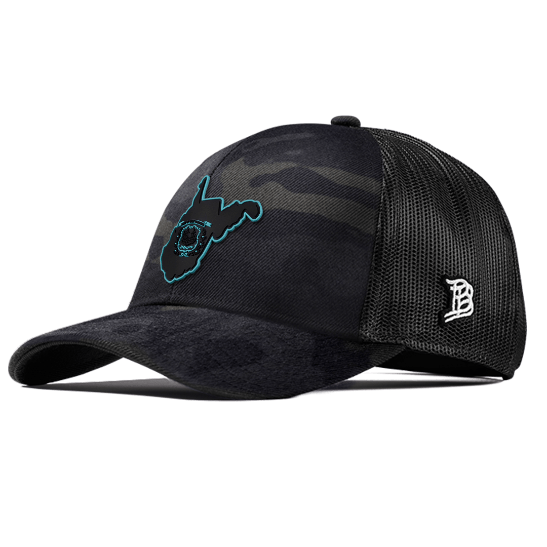 West Virginia Turquoise Flexfit Snapback Trucker Front Multicam