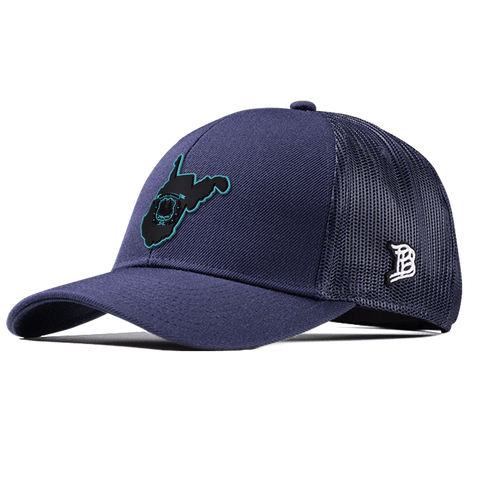 West Virginia Turquoise Flexfit Snapback Trucker Front Navy