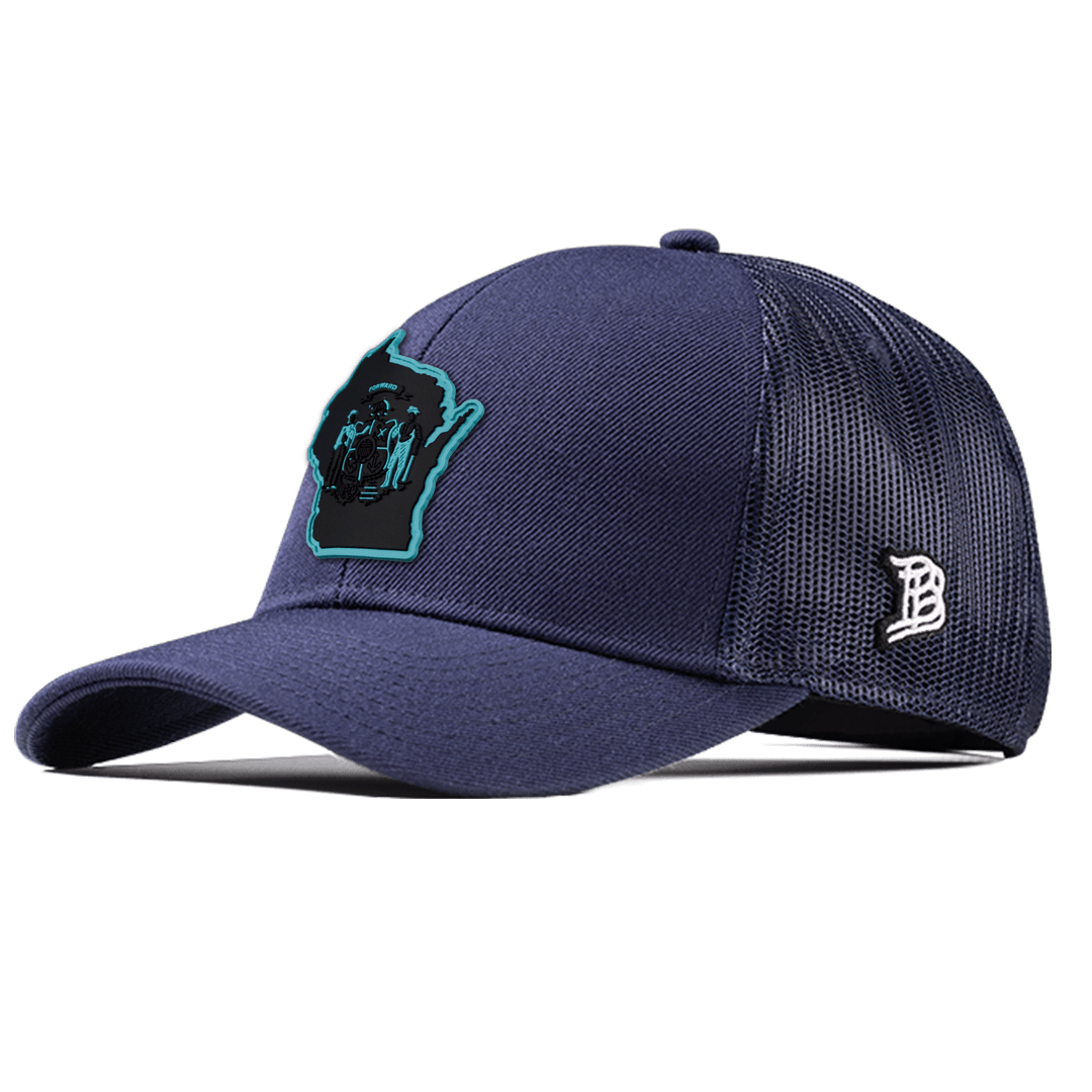 Wisconsin Turquoise Flexfit Snapback Trucker Front Navy