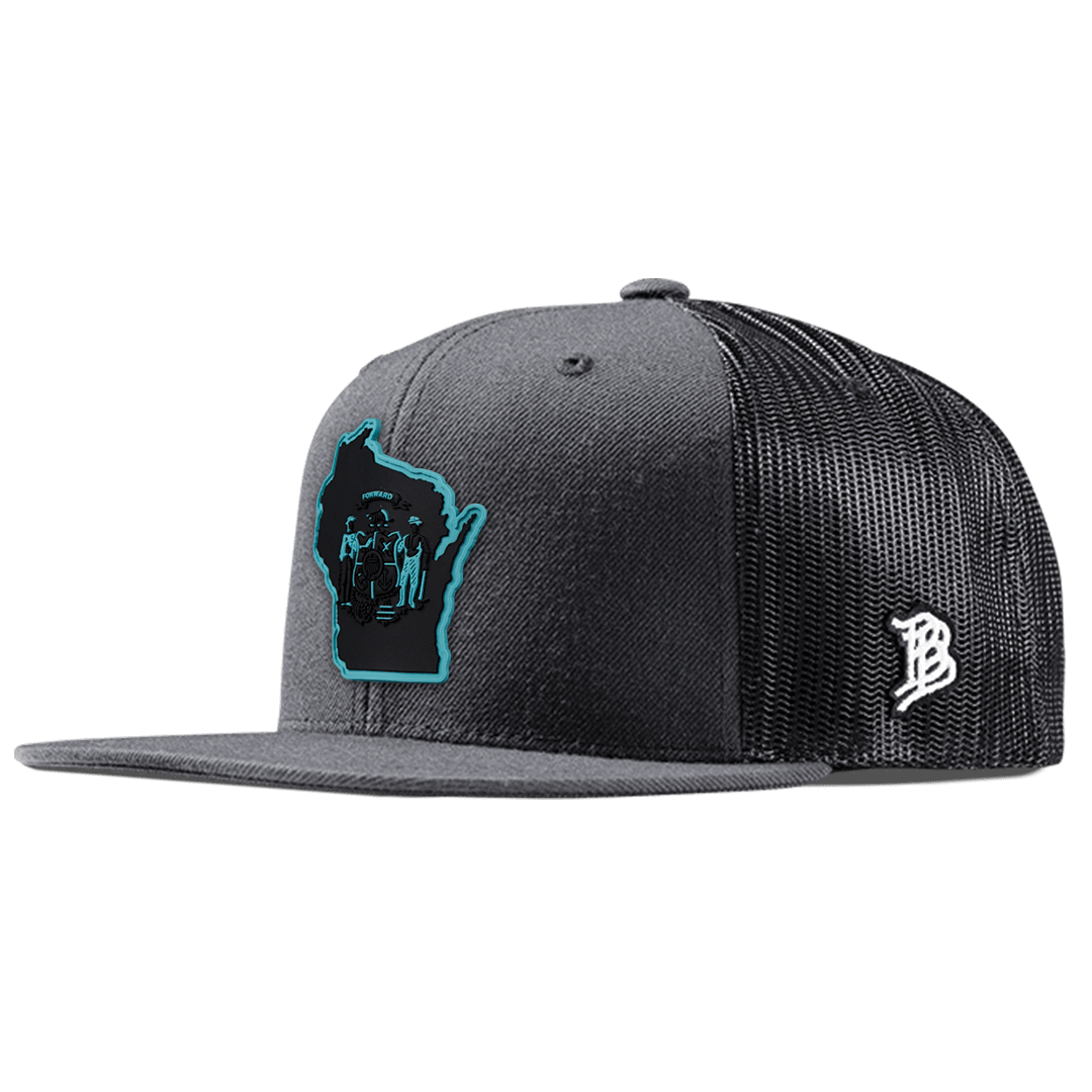Wisconsin Turquoise Flat Trucker Front Charcoal