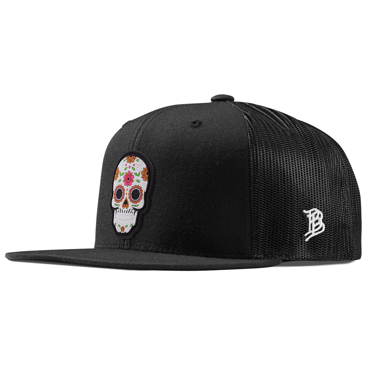 Flower Skull PVC Flat Trucker Black
