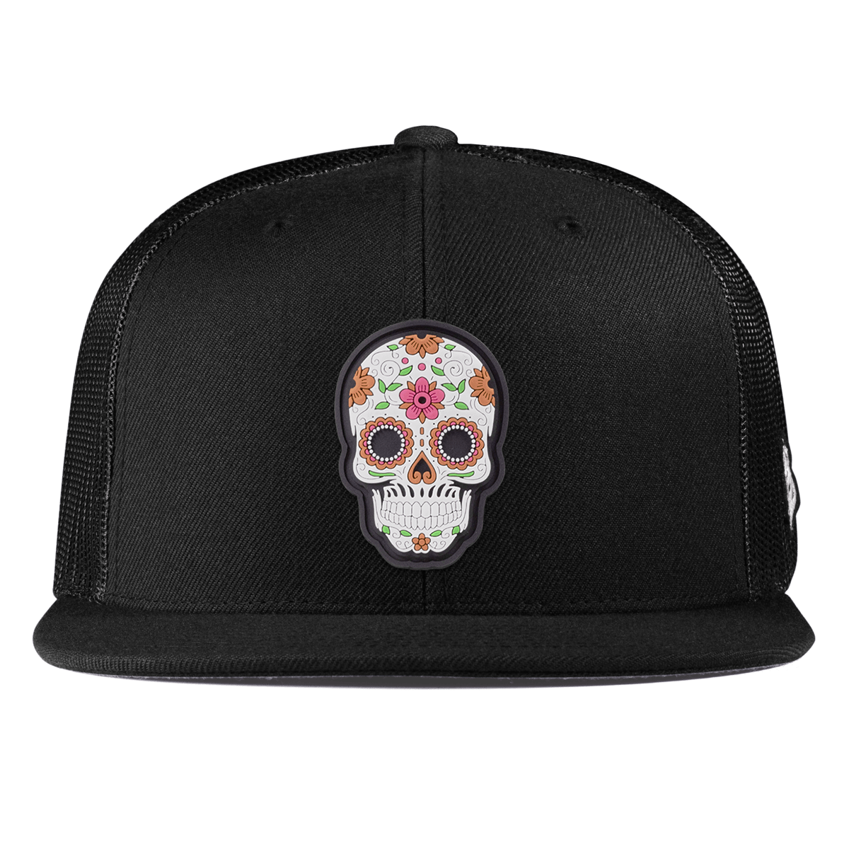 Flower Skull PVC Flat Trucker Black