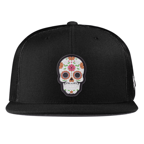 Flower Skull PVC Flat Trucker Black