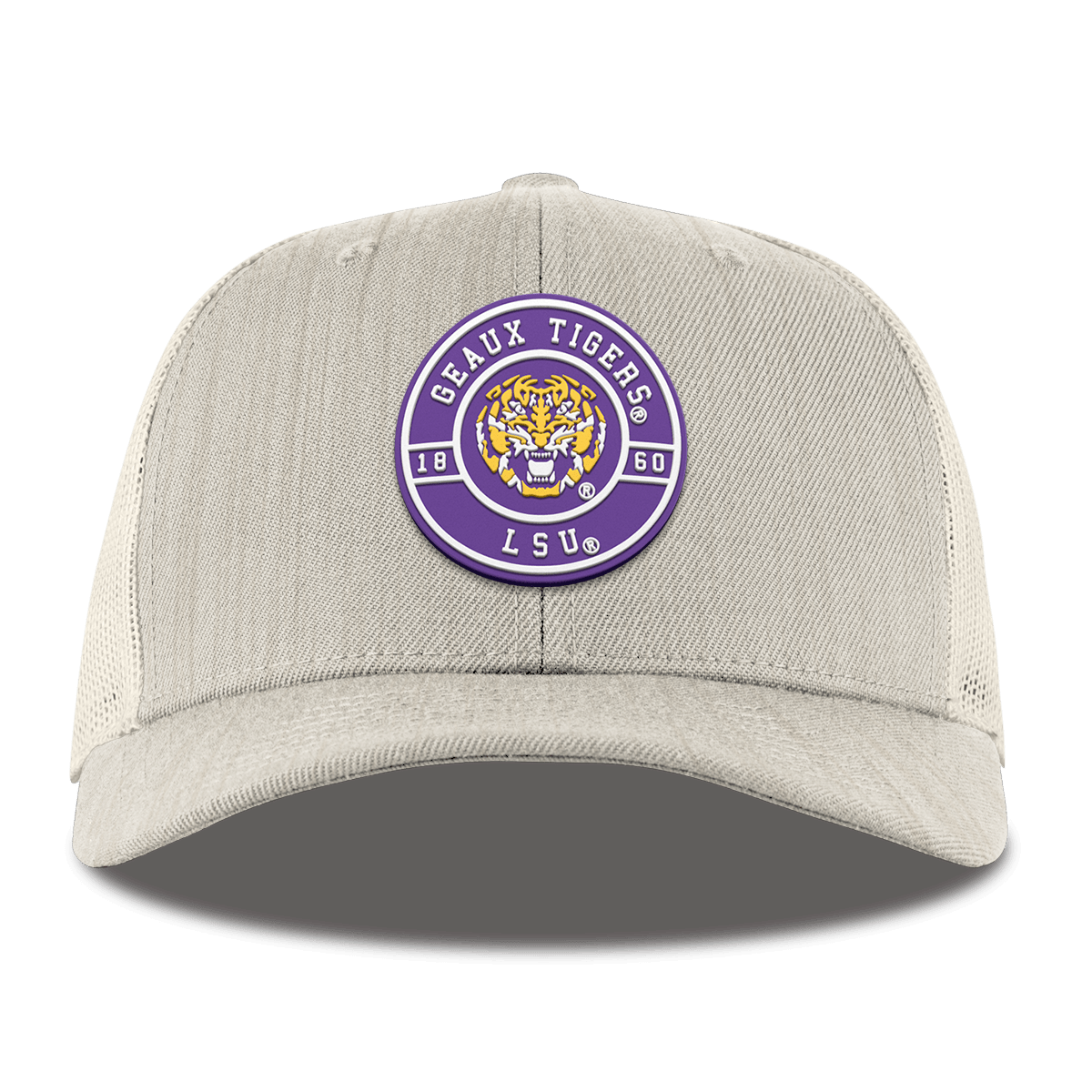 Louisiana State University "Geaux LSU Tigers" Curved Trucker Beige Heather