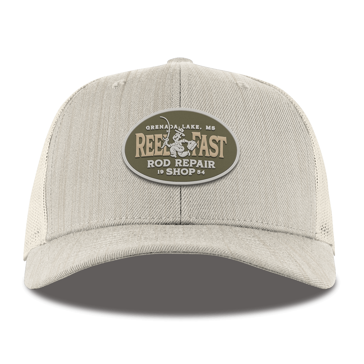 Reel Fast Rod Repair Curved Trucker Back Beige Heather 