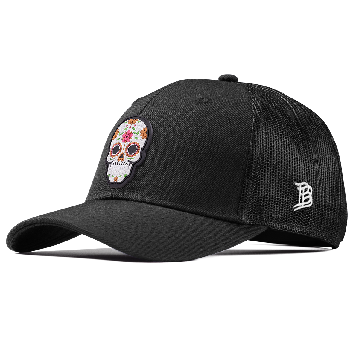 Flower Skull PVC Curved Trucker Black