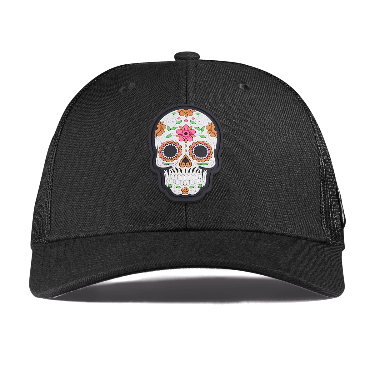Flower Skull PVC Curved Trucker Black