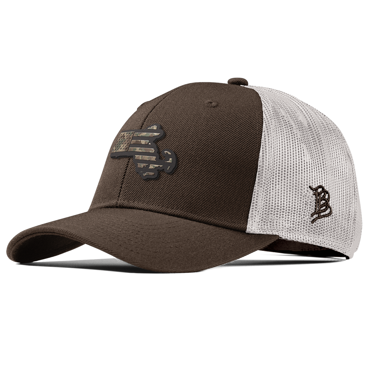 Massachusetts Timber Camo Patriot Curved Trucker Brown