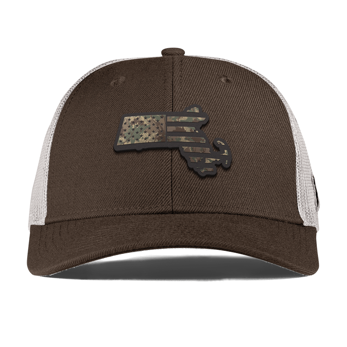 Massachusetts Timber Camo Patriot Curved Trucker Brown
