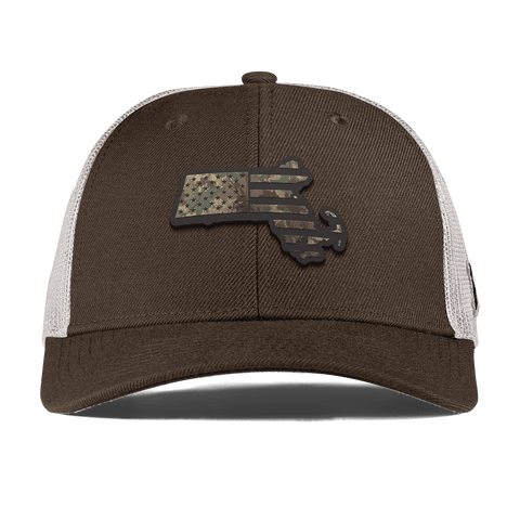 Massachusetts Timber Camo Patriot Curved Trucker Brown