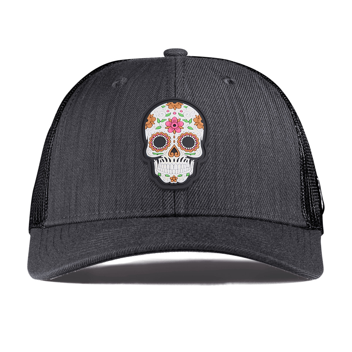 Flower Skull PVC Curved Trucker CHarcoal