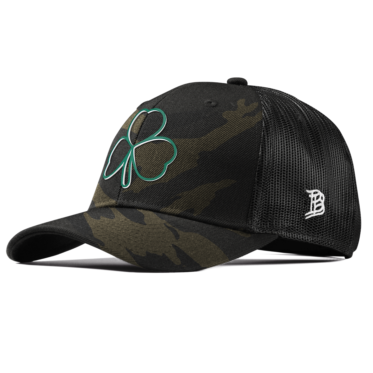 Stacked Shamrock Curved Trucker Midnight Camo