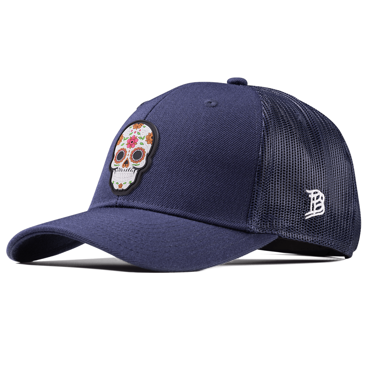 Flower Skull PVC Curved Trucker Navy
