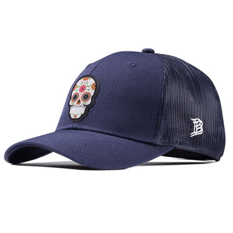 Flower Skull PVC Curved Trucker Navy