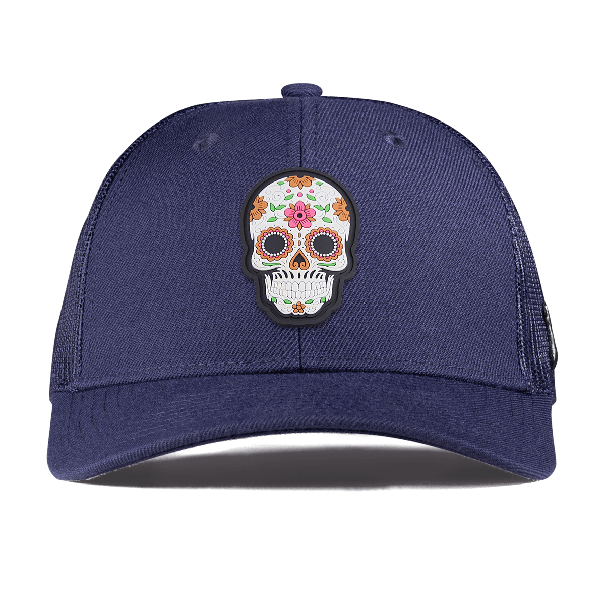 Flower Skull PVC Curved Trucker Navy