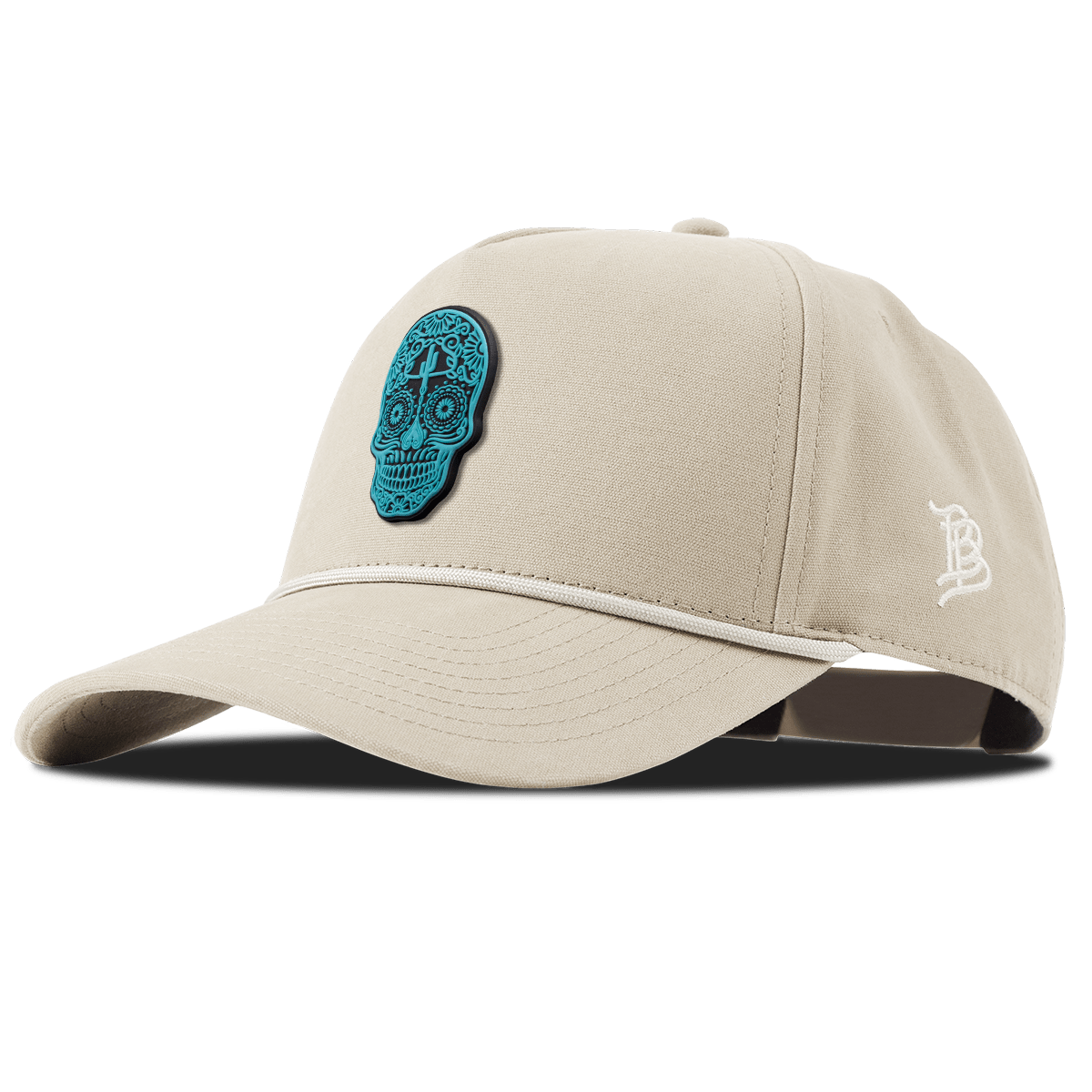 Turquoise Skull PVC Curved Canvas 5 Panel Rope Beige