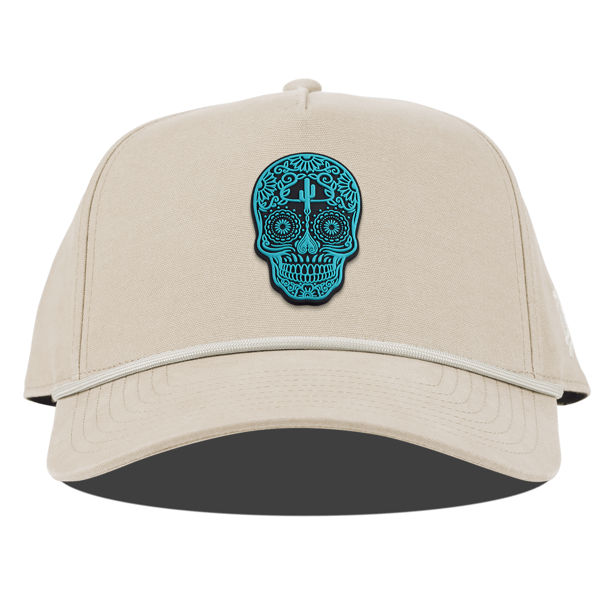 Turquoise Skull PVC Curved Canvas 5 Panel Rope Beige