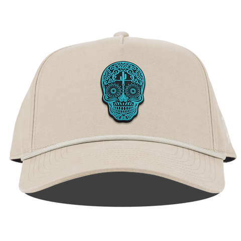 Turquoise Skull PVC Curved Canvas 5 Panel Rope Beige