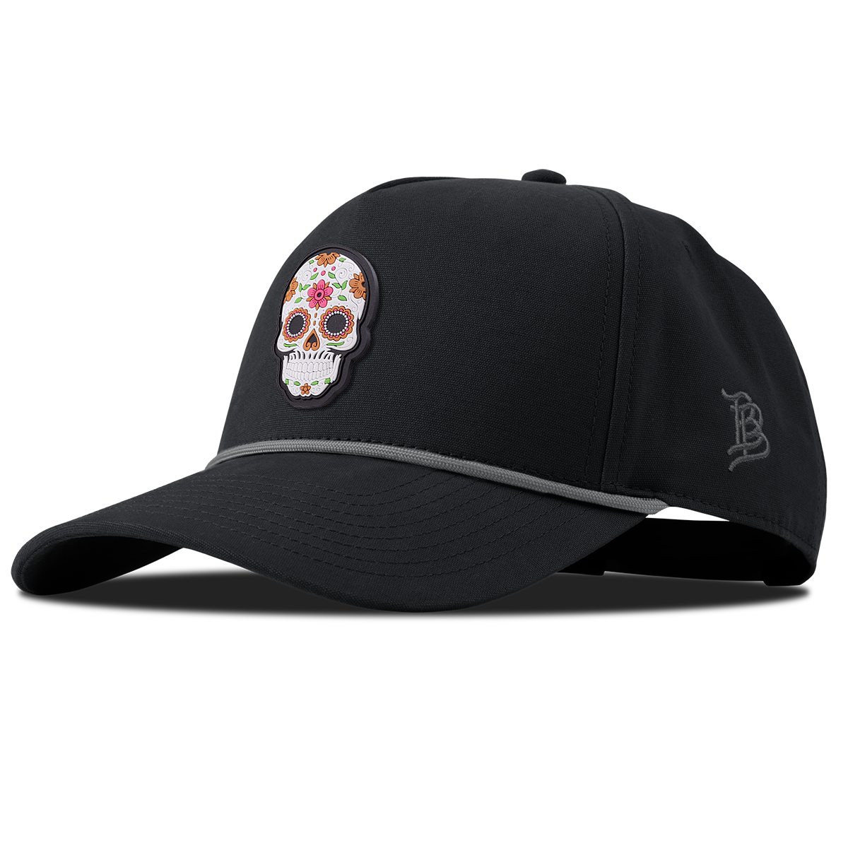 Flower Skull PVC Curved Canvas 5 Panel Rope Vintage Black