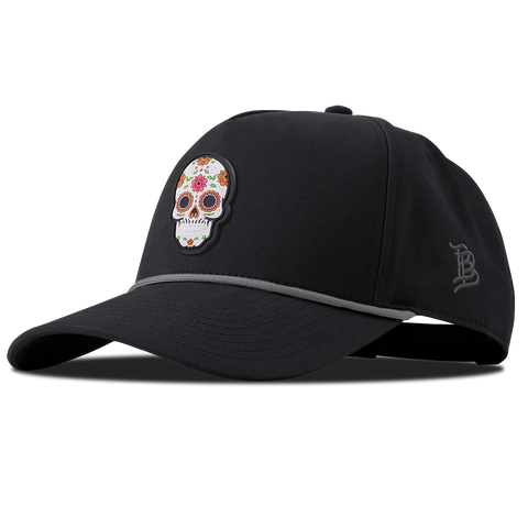 Flower Skull PVC Curved Canvas 5 Panel Rope Vintage Black