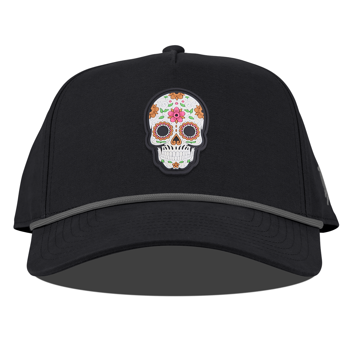 Flower Skull PVC Curved Canvas 5 Panel Rope Vintage Black