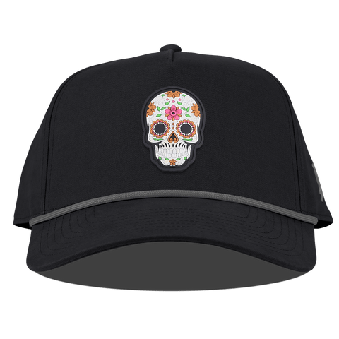 Flower Skull PVC Curved Canvas 5 Panel Rope Vintage Black