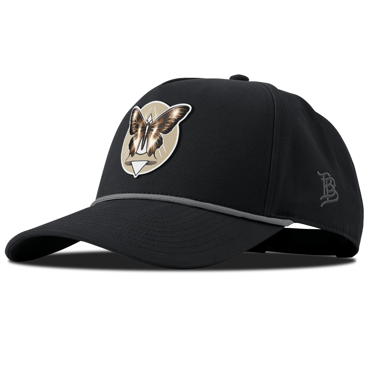 Moth Motif Curved Canvas 5 Panel Rope Back Vintage Black