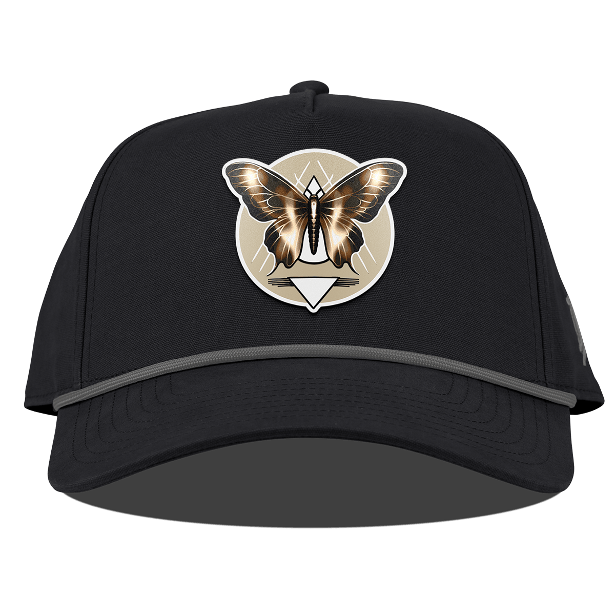 Moth Motif Curved Canvas 5 Panel Rope Back Vintage Black
