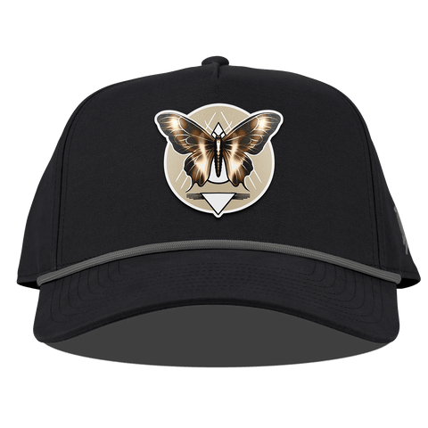 Moth Motif Curved Canvas 5 Panel Rope Back Vintage Black