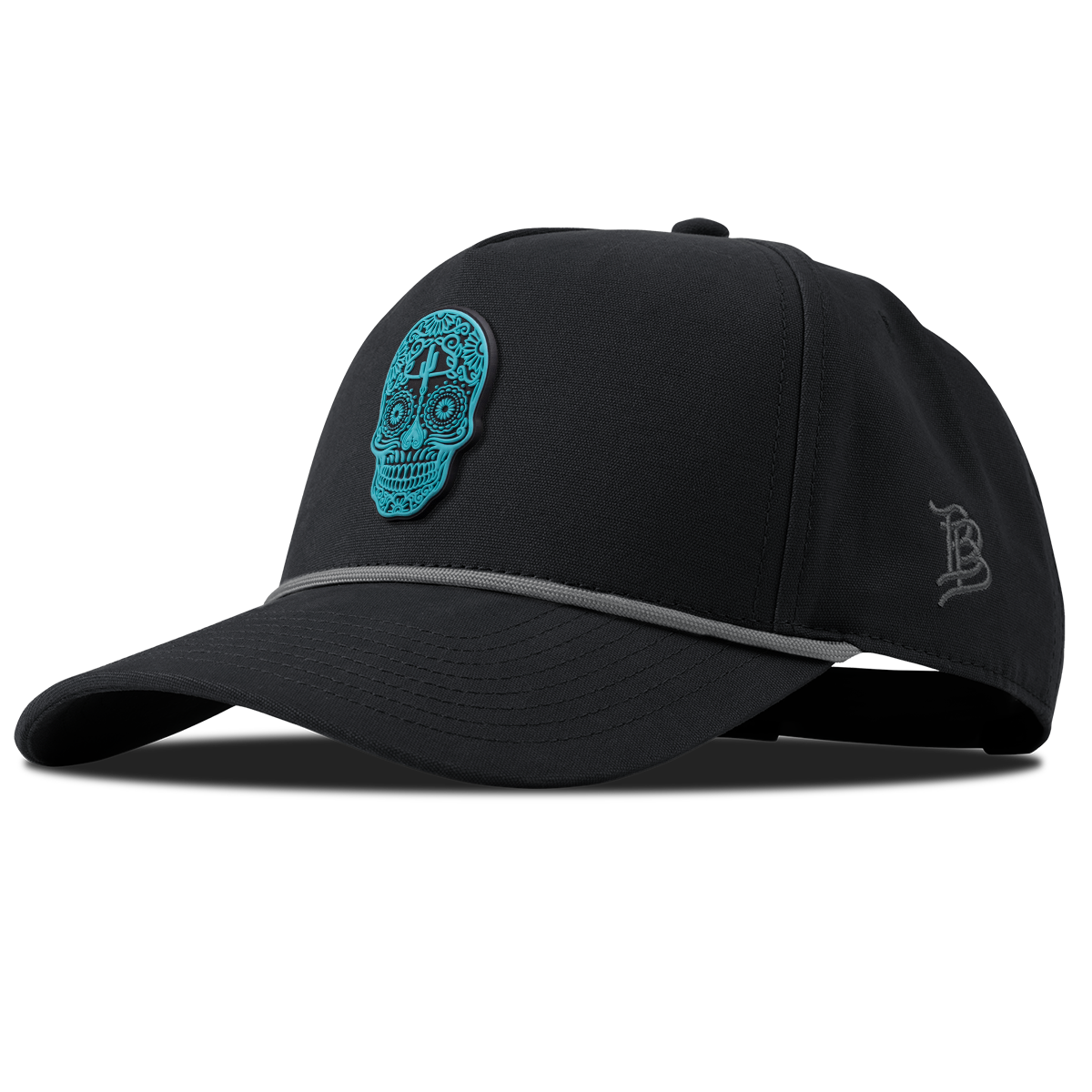 Turquoise Skull PVC Curved Canvas 5 Panel Rope Vinage Black