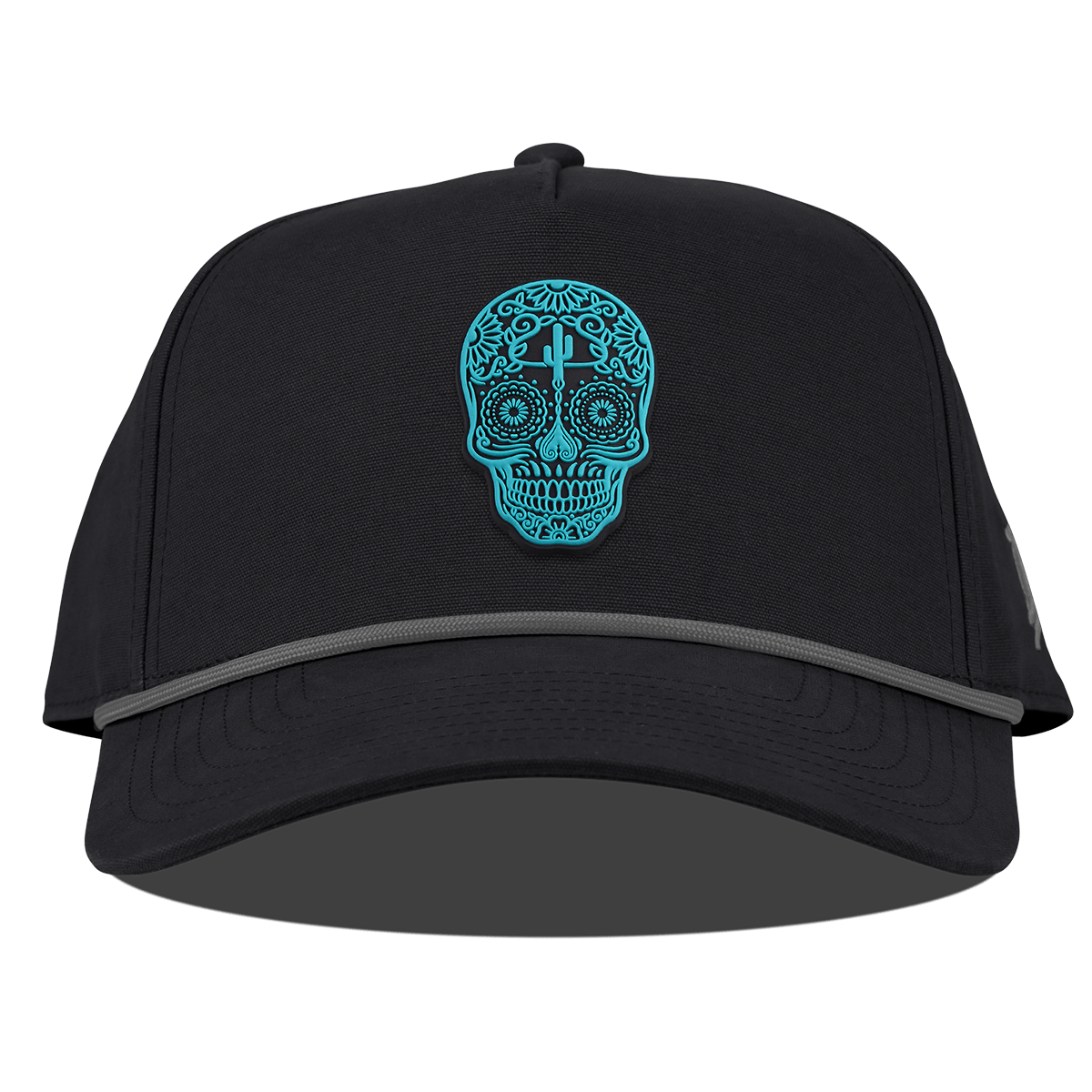 Turquoise Skull PVC Curved Canvas 5 Panel Rope Vinage Black