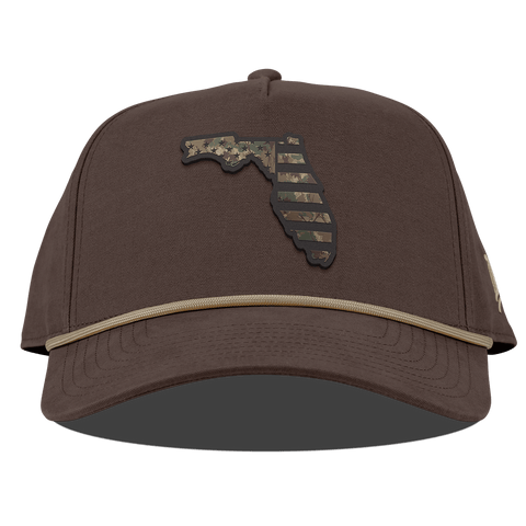 Florida Timber Camo Patriot Curved Canvas 5 Panel Rope Vintage Brown