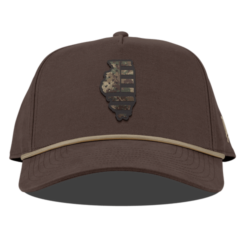 Illinois Timber Camo Patriot Curved Canvas 5 Panel Rope Vintage Brown