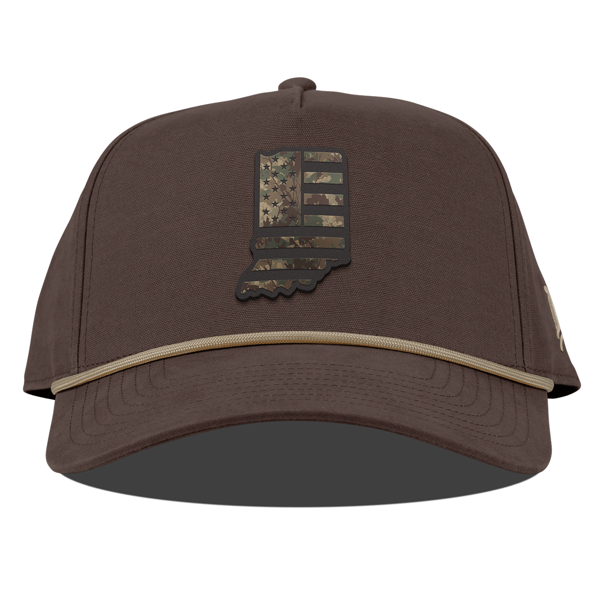 Indiana Timber Camo Patriot Curved Canvas 5 Panel Rope Vintage Brown