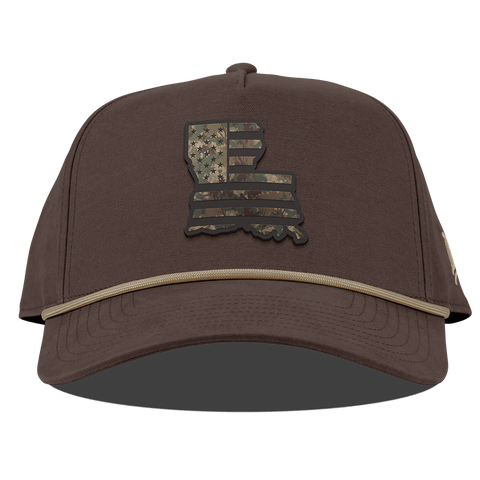Louisiana Timber Camo Patriot Curved Canvas 5 Panel Rope Vintage Brown