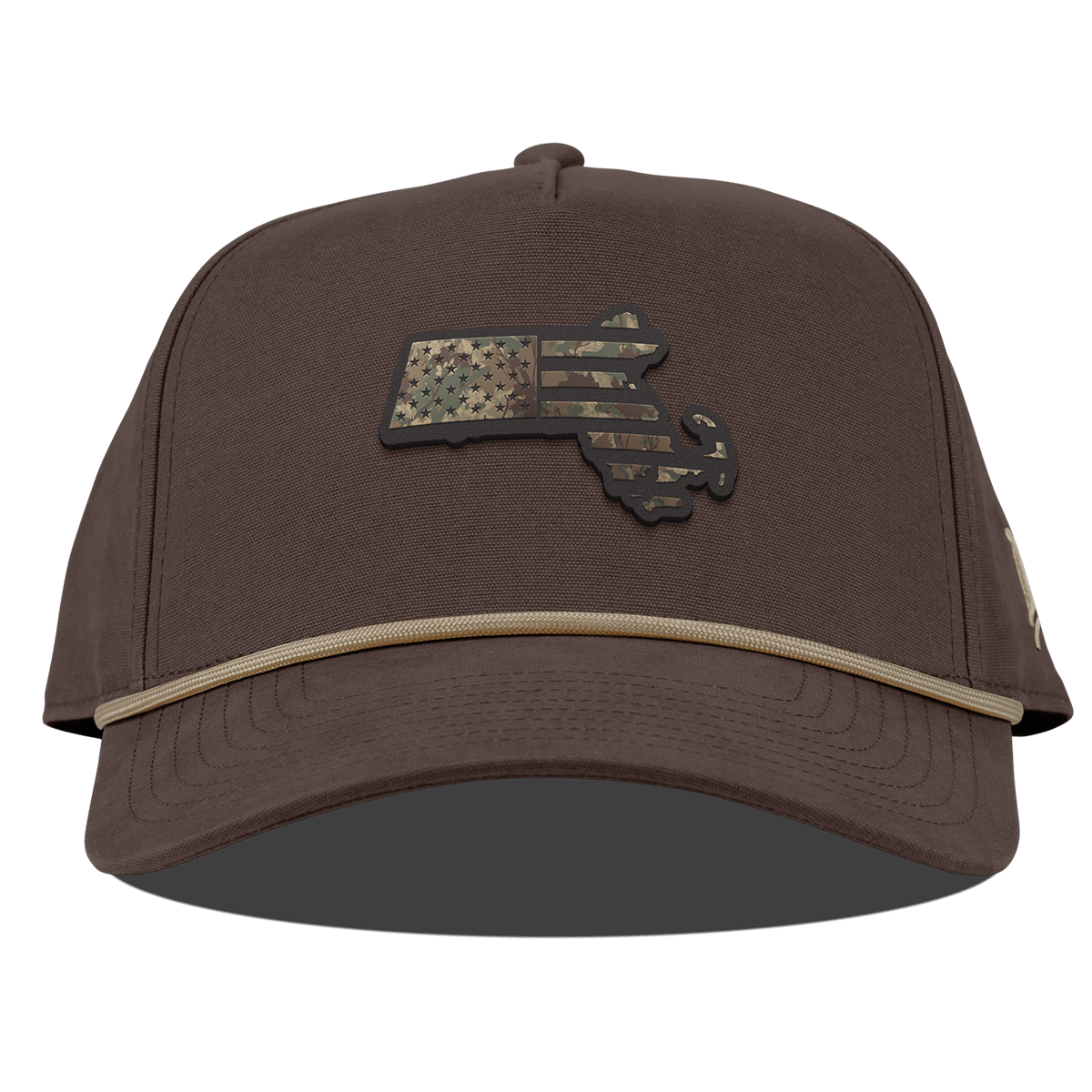 Massachusetts Timber Camo Patriot Curved Canvas 5 Panel Rope Vintage Brown