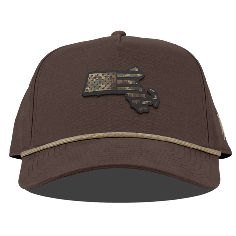 Massachusetts Timber Camo Patriot Curved Canvas 5 Panel Rope Vintage Brown