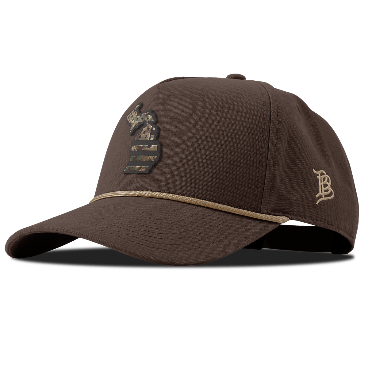 Michigan Timber Camo Patriot Curved Canvas 5 Panel Rope Vintage Brown