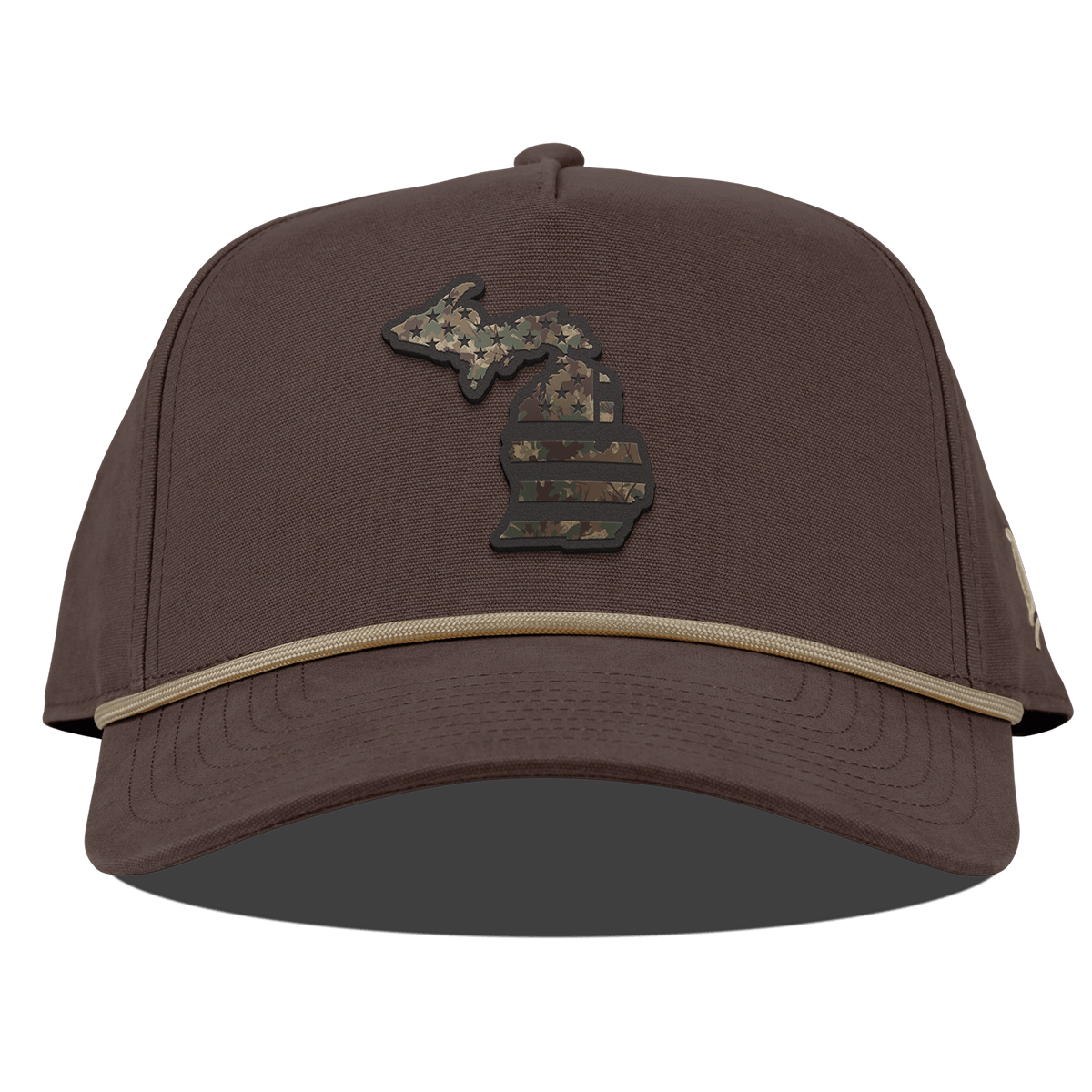 Michigan Timber Camo Patriot Curved Canvas 5 Panel Rope Vintage Brown