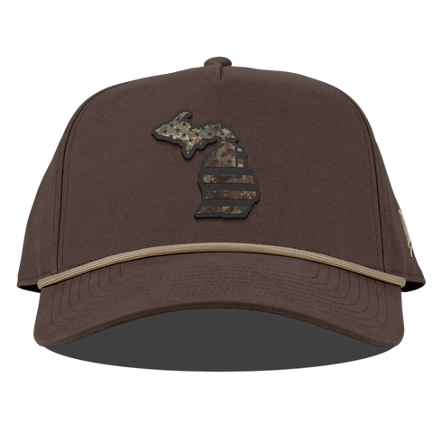 Michigan Timber Camo Patriot Curved Canvas 5 Panel Rope Vintage Brown