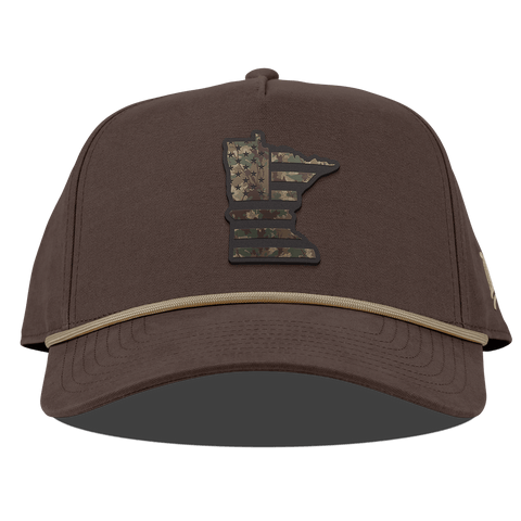 Minnesota Timber Camo Patriot Curved Canvas 5 Panel Rope Vintage Brown