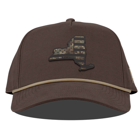 New York Timber Camo Patriot Curved Canvas 5 Panel Rope Vintage Brown