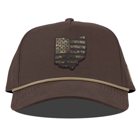 Ohio Timber Camo Patriot Curved Canvas 5 Panel Rope Vintage Brown
