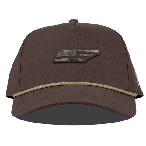 Tennessee Timber Camo Patriot Curved Canvas 5 Panel Rope Vintage Brown