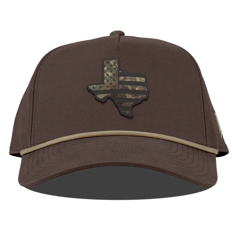 Texas Timber Camo Patriot Curved Canvas 5 Panel Rope Vintage Brown