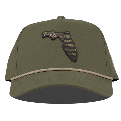 Florida Timber Camo Patriot Curved Canvas 5 Panel Rope Vintage Loden