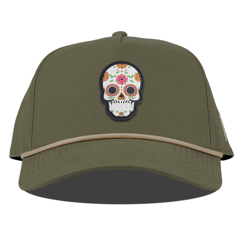 Flower Skull PVC Curved Canvas 5 Panel Rope Vintage Loden