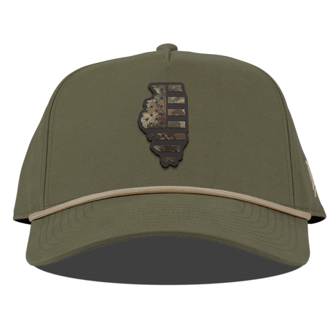 Illinois Timber Camo Patriot Curved Canvas 5 Panel Rope Vintage Loden